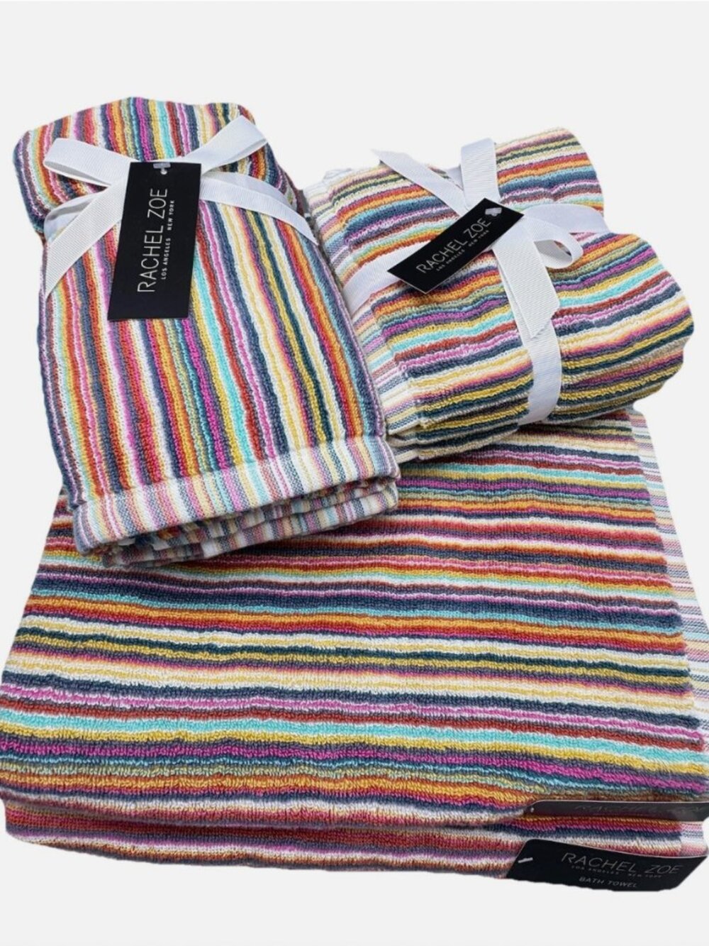 8 pc Rachel Zoe Rainbow Stripe Bath Hand Towel Washcloth Set Colorful Summer NEW